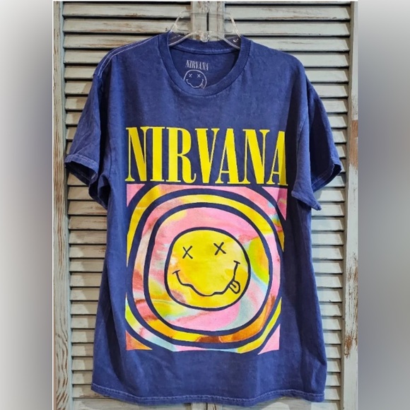 NIRVANA Tops - NIRVANA VINTAGE STYLE T-SHIRT Blue Distressed Dyed 90s Grunge Rock Band